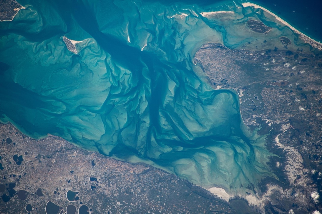 (Jan. 10, 2024) --- A portion of Mozambique's Bazaruto Archipelago, a national park ceated to protect marine wildlife, on the southern coast of the African nation is pictured from the International Space Station as it orbited 261 miles above.