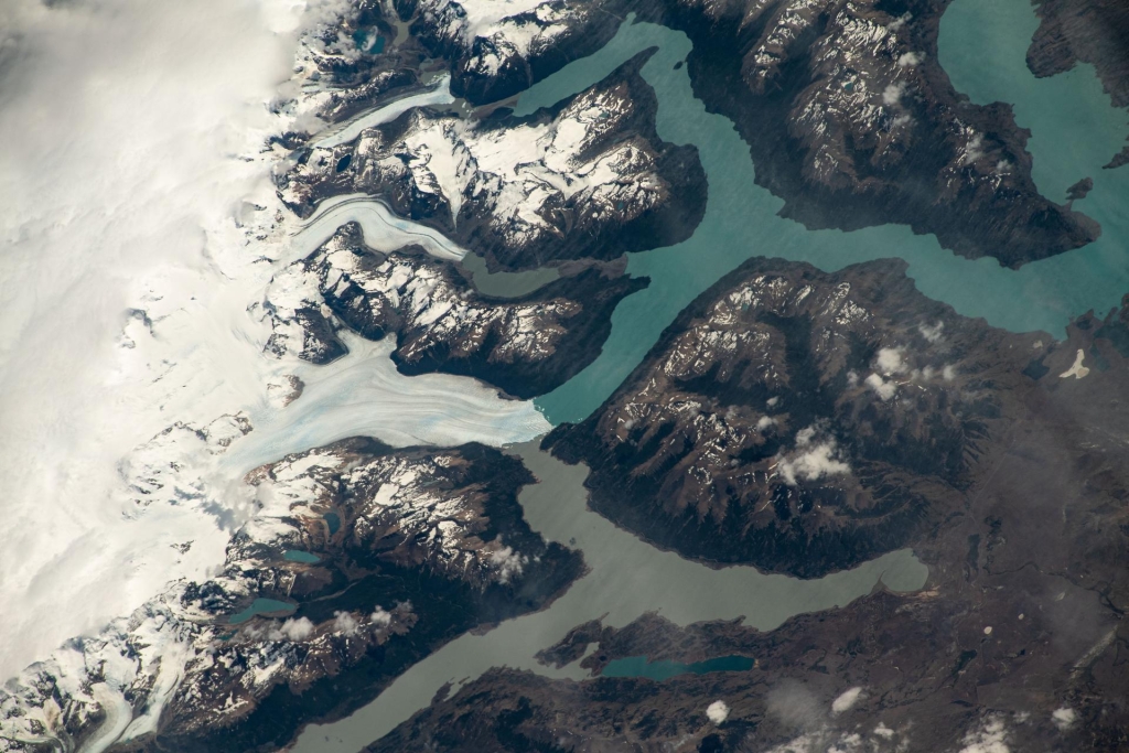 (Jan. 11, 2024) --- Glaciers in the southern Andes emptying into Lago Argentino are pictured from the International Space Station as it orbited 270 miles above. Cerro Pietrobelli, a mountain on the southern Chile-Argentina border (left center), is also seen from the orbital outpost.
